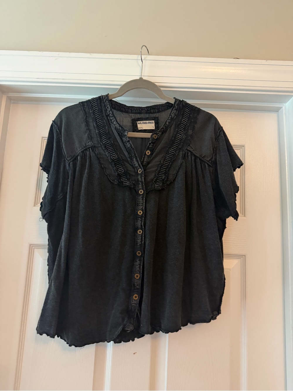 We The Free Washed Black Button-Front Ruffle Trim Top